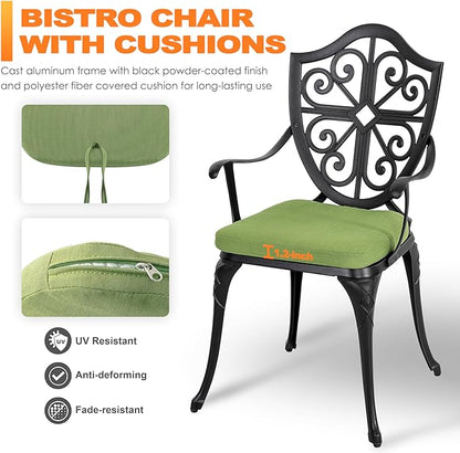 NUU GARDEN Bistro Set 3 Piece Outdoor, Cast Aluminum Patio Bistro Sets with Umbrella Hole and Green Cushions, Bistro Table and Chairs Set of 2 for Patio Backyard, Black