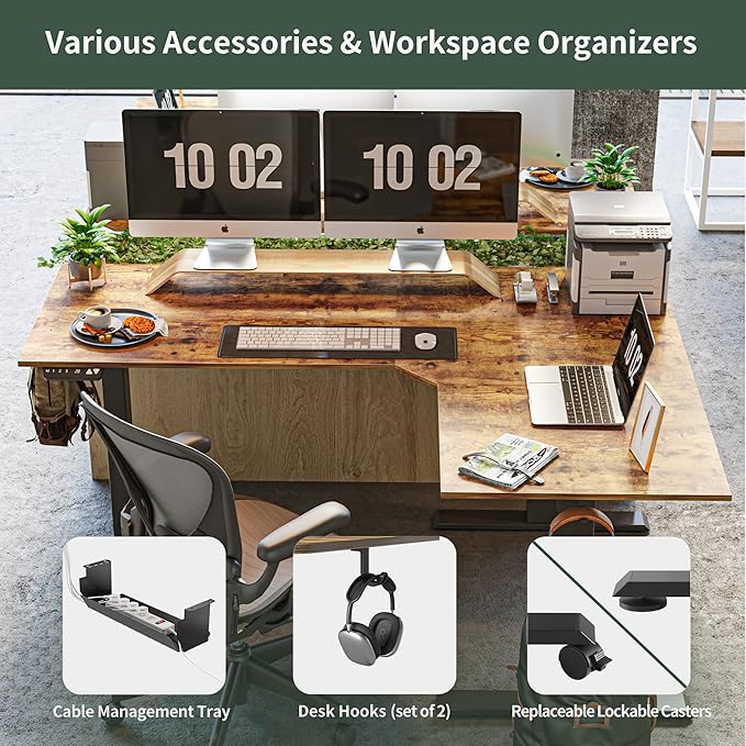 FEZIBO 75 Inches, Supports over 300mlbs, L Shaped Standing Desk Reversible, Electric Height Adjustable Corner Stand up Desk, Sit Stand Desk Computer Workstation, Black Frame/Rustic Brown Top