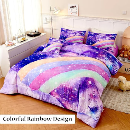 Rainbow Full Size Bedding Sets for Girls, Glitter Tie Dye Purple Kids Comforter Sets, 6Pcs Soft Sparkle Galaxy Bed in A Bag with Sheets for Teens