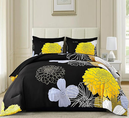 Bed in a Bag Queen Yellow Black Comforter Set 7 Pieces Soft Microfiber Floral Bedding Set with 1 Comforter 1 Flat Sheet 1 Fitted Sheet 2 Pillowshams 2 Pillowcases
