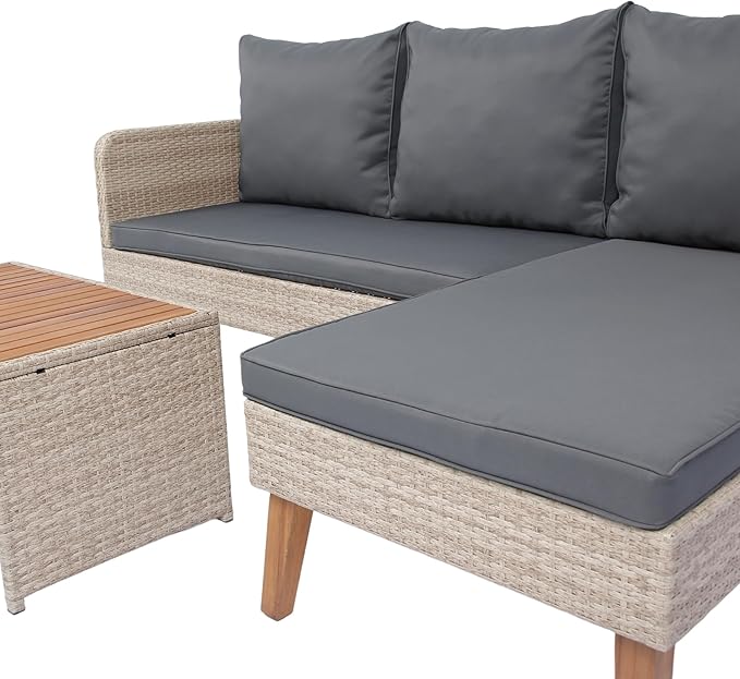 3-Piece Outdoor PE Rattan Furniture Set, Patio Wicker Conversation Loveseat Sofa Sectional Couch with Thick Cushion for Backyard, Deck, Poolside, Zn-Dark Grey
