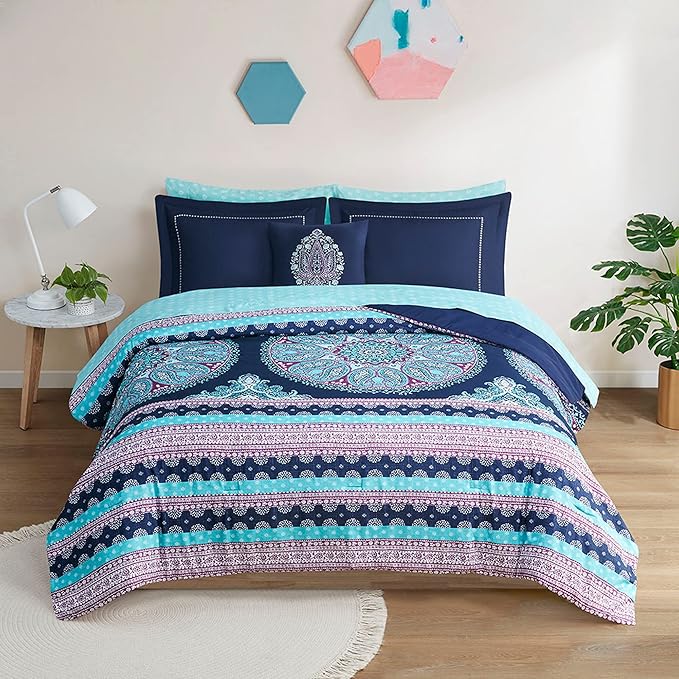 Degrees of Comfort Full Size Comforter Sets with Sheets, Blue Boho Mandala Teenage Girl Bedding, Bohemian Bed in A Bag, Microfiber Bed Set 8 Piece, Matching Decorative Pillow, Navy