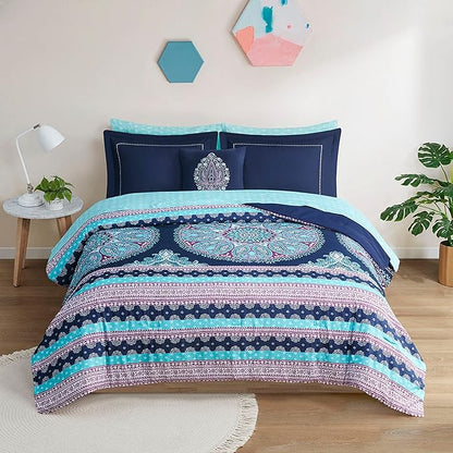 Degrees of Comfort Full Size Comforter Sets with Sheets, Blue Boho Mandala Teenage Girl Bedding, Bohemian Bed in A Bag, Microfiber Bed Set 8 Piece, Matching Decorative Pillow, Navy