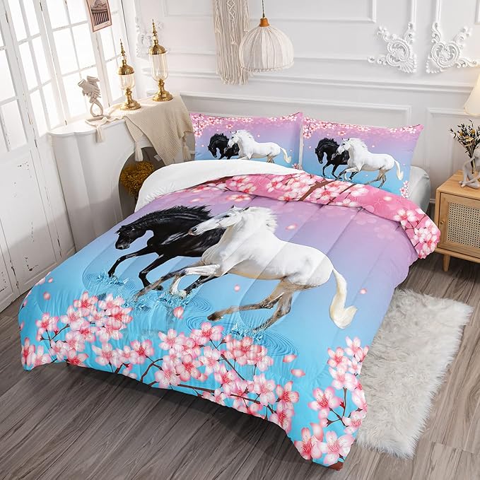 Kid Horse Comforter Set Room Floral Animal Theme Handsome Horse Chic Cherry Blossom Bedding Set 3D Wild Animal Decor Quilt Set for Girls Adult, 1 Comforter + 2 Pillowcases