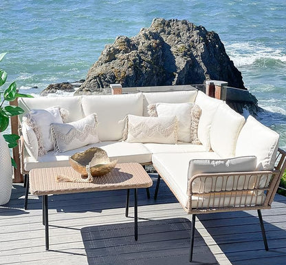 YITAHOME 4 Pieces Patio Furniture Set, Outdoor Rattan Woven Conversation Sectional L-Shaped Sofa with 5 Seater for Backyard, Porch, Boho Detachable Lounger with Cushions and Side Table - Beige
