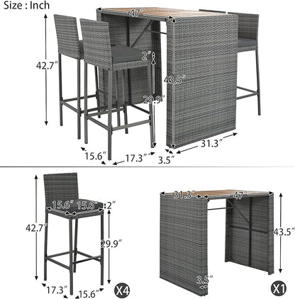 Outdoor Dining Set for 4, Rattan Patio Table with Acacia TableTop, Bar-Height Chairs, Fixed Rope, Removable Cushion, Garden Furniture, Onesize, Brown Wood+Gray Wicker