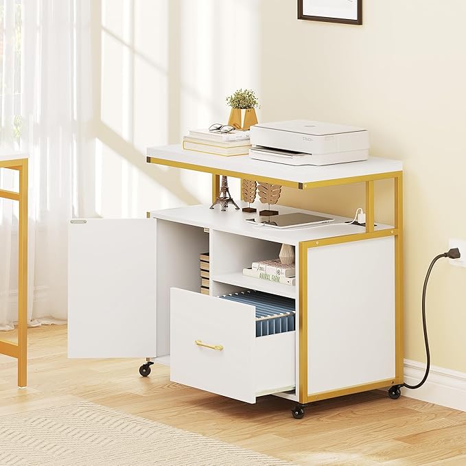 YITAHOME Wood File Cabinet with Charging Station, Rolling Filing Cabinet Cart with Door, Industrial Nightstand with Printer Shelf for Home Office, Bedroom, Living Room, Entryway, Gold and White