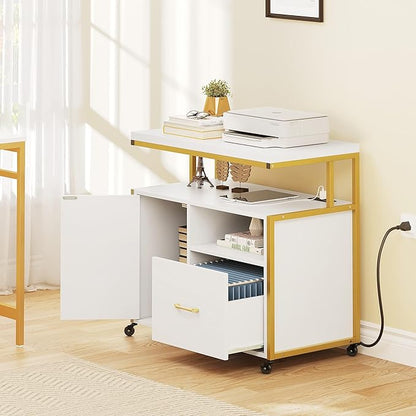 YITAHOME Wood File Cabinet with Charging Station, Rolling Filing Cabinet Cart with Door, Industrial Nightstand with Printer Shelf for Home Office, Bedroom, Living Room, Entryway, Gold and White
