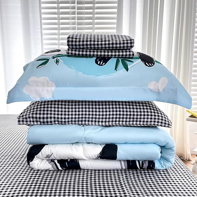 Wajade Kids Panda Comforter Set Bed in A Bag Twin Size 7 Piece Blue 3D Cute Panda Bamboo Clouds Bedding Set for Girls Boys (1 Comforter, 1 Flat Sheet, 1 Fitted Sheet, 2 Pillowcase and 2 Pillow Sham)