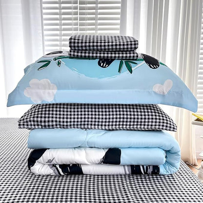 Wajade Kids Panda Comforter Set Bed in A Bag Twin Size 7 Piece Blue 3D Cute Panda Bamboo Clouds Bedding Set for Girls Boys (1 Comforter, 1 Flat Sheet, 1 Fitted Sheet, 2 Pillowcase and 2 Pillow Sham)