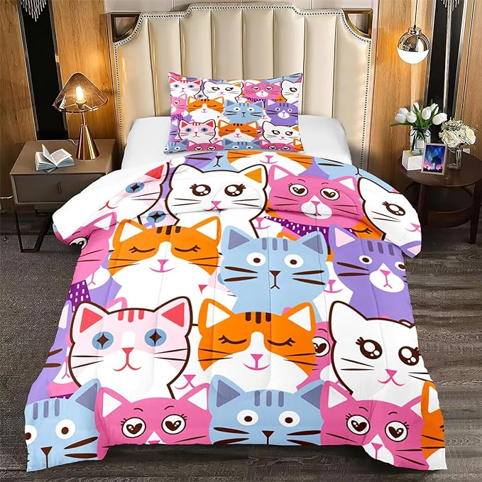 Cartoon Cat Bedding Set - 2Pcs Cute Cat Comforter Set for Bedroom Kids Boys Girls Cat Bedding Decor for All-Season Colorful Kitten Pattern Lovely Animal 1 Cat Comforter with 1 Pillowcase, Twin Size