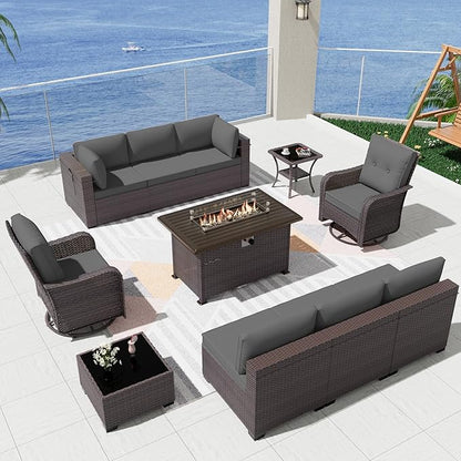 Patio Furniture Sectional Sofa Set 11-Pieces PE Rattan Swivel Rocking Chairs Patio Conversation Set w/43in Gas Fire Pit Table, Outdoor Furniture with 55000 BTU Propane Fire Pit, Grey
