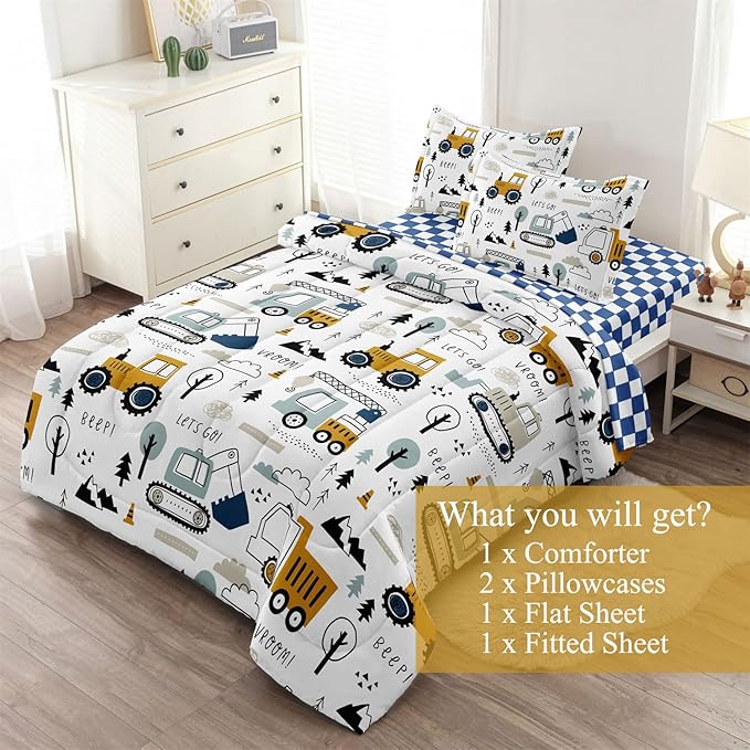 5-Pcs Construction Full Size Boys Bedding Set, Kids Comforter Set for Teens w/Sheets and Pillowcase, Soft Cartoon Tractor Cars Bed in a Bag Sets