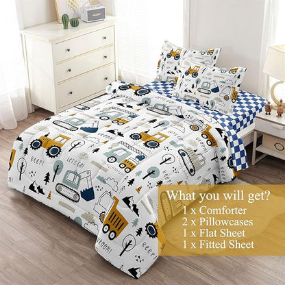 5-Pcs Construction Full Size Boys Bedding Set, Kids Comforter Set for Teens w/Sheets and Pillowcase, Soft Cartoon Tractor Cars Bed in a Bag Sets