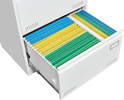 2 Drawer Lateral Lock and Card Holder, Multifunctional Metal Filing Cabinets w/Heavy 3 Section Slide Rail & Breathable Holes,for Legal/Letter/A4,White