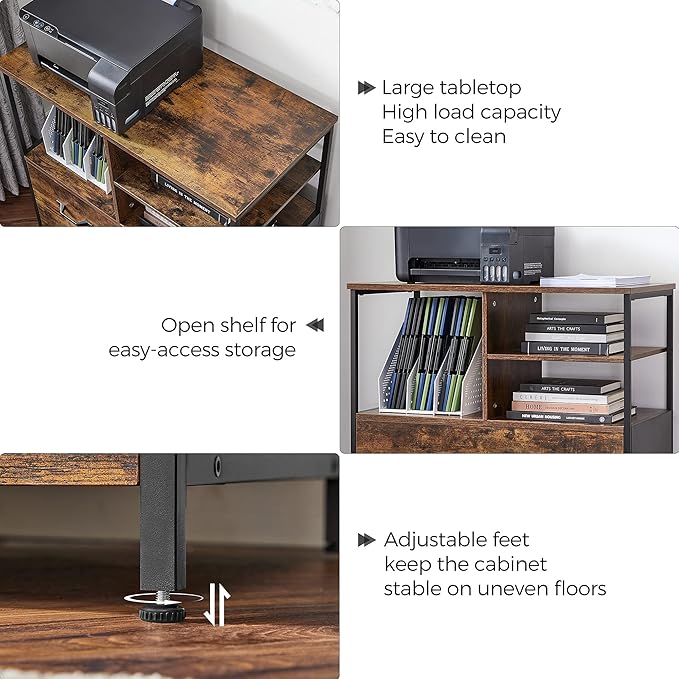 VASAGLE Lateral File Cabinet with Open Shelves and Drawer, for A4, Letter and Legal Sized Documents, Printer Stand, Rustic Brown + Black