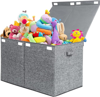 popoly 122L Large Toy Box Chest with Lid, Foldable Toy Storage Organizer Bin Boxes with Removable Divider for Kids, Boys, Girls, Nursery, Playroom, 26"x17" x17"(Linen Gray)