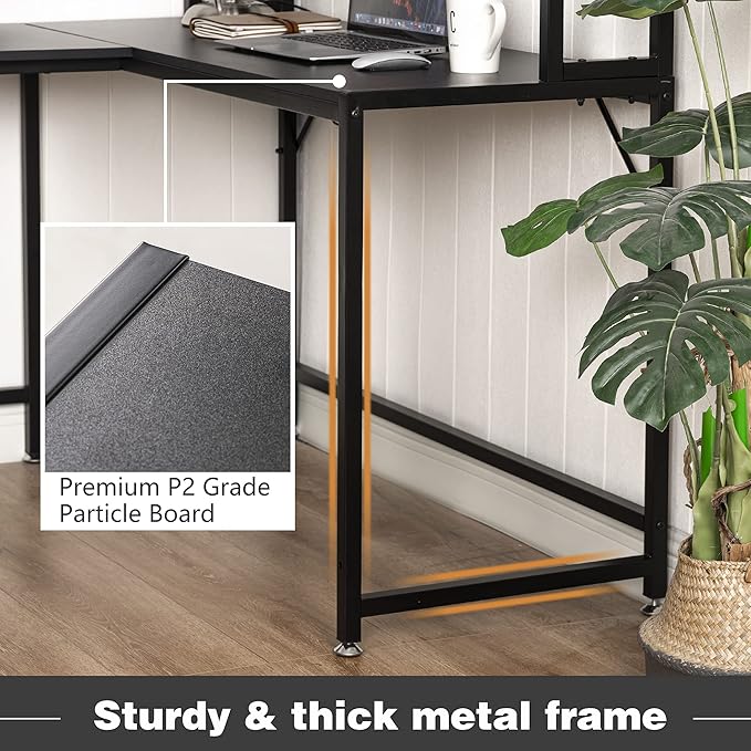 Becko US L Shaped Desk with Hutch, 56 Inch Corner Computer Desk, Home Office Writing Desk with Storage Shelves, Space Saving (Black)