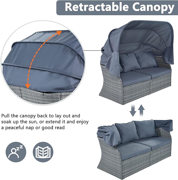 Rectangle Furniture Daybed Sunbed with Retractable Canopy, Outdoor Wicker Conversation Set with Cushions for Patio, Backyard, Porch, Garden, Hc-Gray