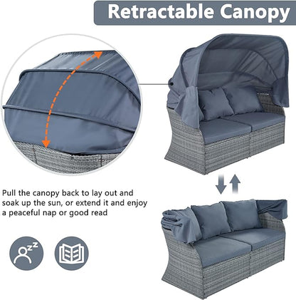 Rectangle Furniture Daybed Sunbed with Retractable Canopy, Outdoor Wicker Conversation Set with Cushions for Patio, Backyard, Porch, Garden, Onesize, Hb-Gray