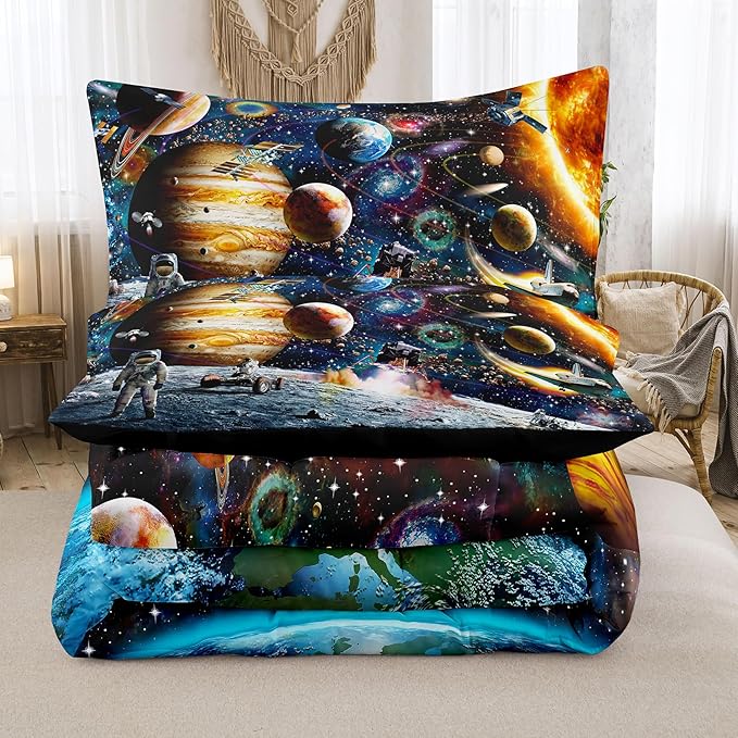 Tailor Shop 5 Pcs Outer Space Comforter Sets Full Bed in A Bag for Teen Boys Girls Kids,Galaxy Bedding Set with Space Sheets Fitted Bed Sheet