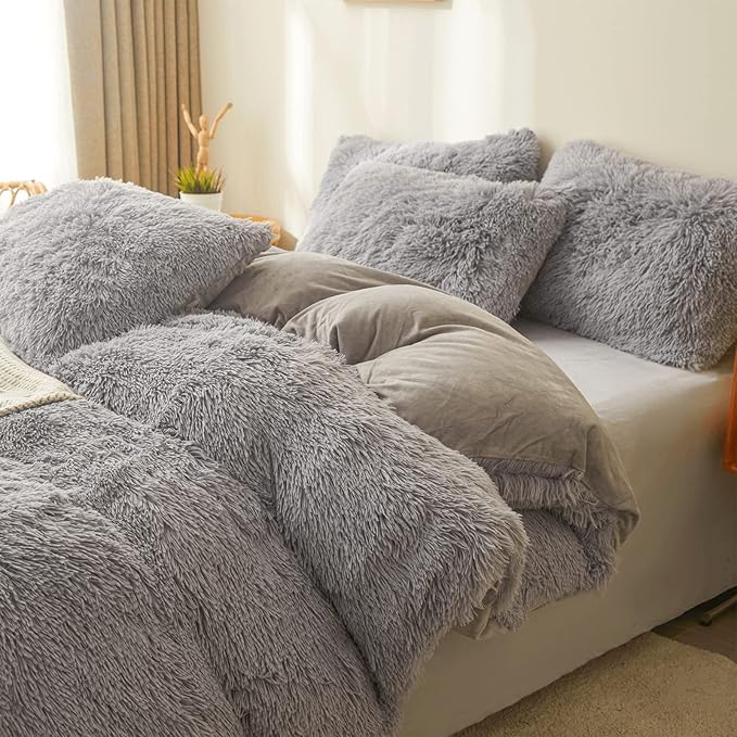 Fluffy gray comforters Cover twin size - Ultra Soft Plush gray bedding Sets 2 Pieces (1 faux fur comforter Cover + 1 fuzzy pillow case) girls shaggy gray twin bed set (Gray, Twin)
