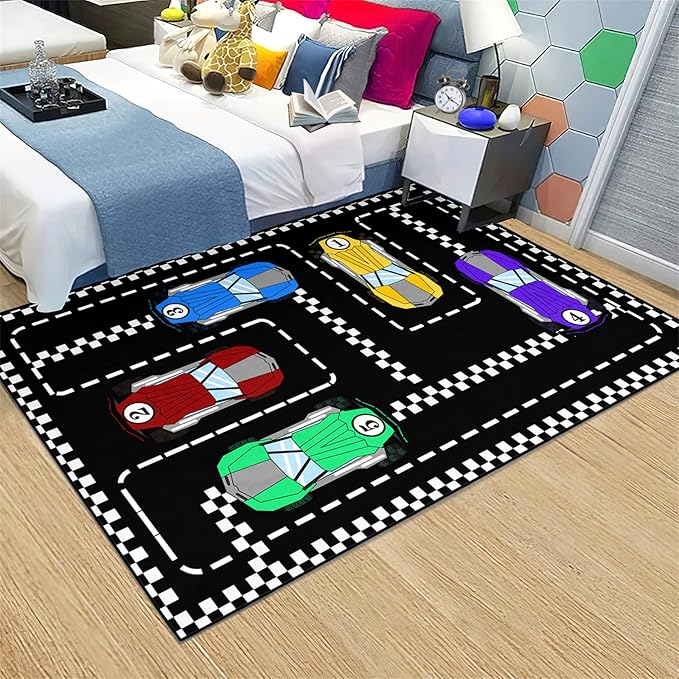 Car Rug Race Car Rug Car Track Rugs for Boys Race Track Carpet Race Car Track Rug Car Rug for Boys Room Car Rug Play Mat Car Carpet for Kids Rugs for Boys Bedroom,Black 2'5''×4'