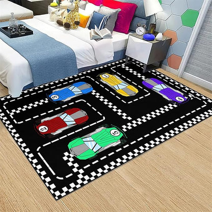 Car Rug Race Car Rug Car Track Rugs for Boys Race Track Carpet Race Car Track Rug Car Rug for Boys Room Car Rug Play Mat Car Carpet for Kids Rugs for Boys Bedroom,Black 4'×5'