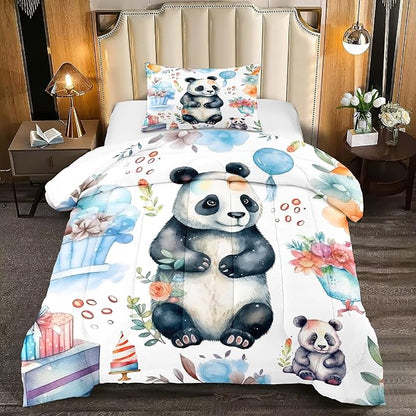 Panda Comforter Set Twin Size - Panda Bedding for Boys Girls Cute Panda Set Cartoon Pandas Print Comfort Twin Bedding Set for Kids Teens, 1 Comforter+1 Pillowcase