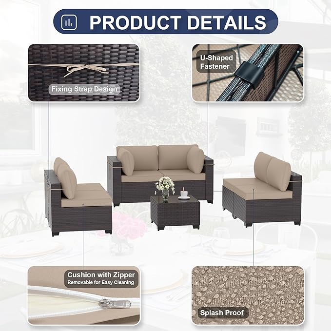 Patio Furniture Set 7-Pieces Outdoor Furniture for Backyard Wicker Sectional Sofa Set, Rattan Patio Conversation Set with Thickened Cushions and Glass Coffee Table, Sand