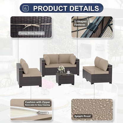 Patio Furniture Set 7-Pieces Outdoor Furniture for Backyard Wicker Sectional Sofa Set, Rattan Patio Conversation Set with Thickened Cushions and Glass Coffee Table, Sand