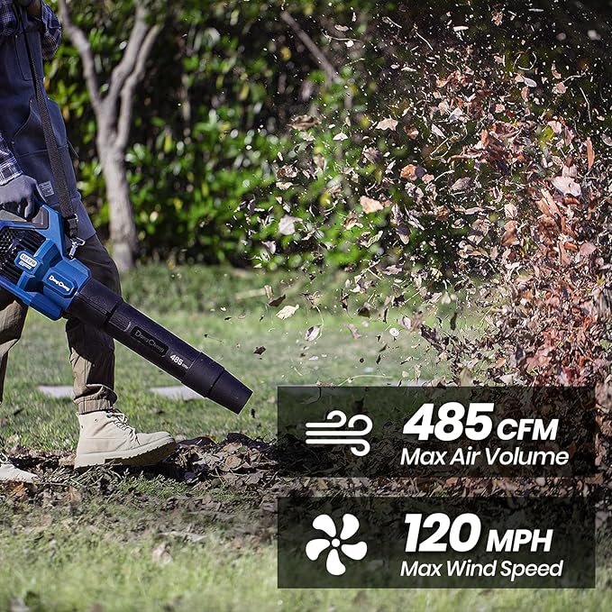 DongCheng Cordless Leaf Blower, 485 CFM Variable Speed & Turbo Mode, 3 Nozzles, Shoulder Strap, 4.0Ah Battery and Charger Included, Battery Powered Leaf Blower for Town Care, Patio and Blowing Leaves