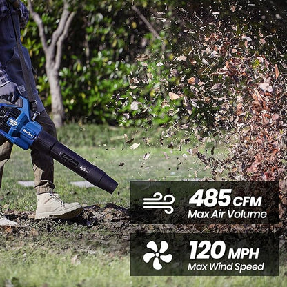 DongCheng Cordless Leaf Blower, 485 CFM Variable Speed & Turbo Mode, 3 Nozzles, Shoulder Strap, 4.0Ah Battery and Charger Included, Battery Powered Leaf Blower for Town Care, Patio and Blowing Leaves