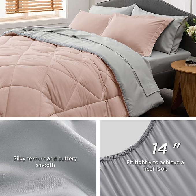 Bedsure Blush Pink Queen Comforter Set - 7 Pieces Reversible Queen Bed in a Bag Queen Bed Set with Comforters, Sheets, Pillowcases & Shams, Queen Bedding Sets