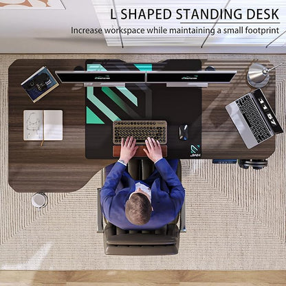 Standing Desk, L Shaped Adjustable Standing Desk, 63'' Corner Height Adjustable desk with Cup Holder, Headphone Hook, Cable Manager, and Mouse pad, Brown Panel