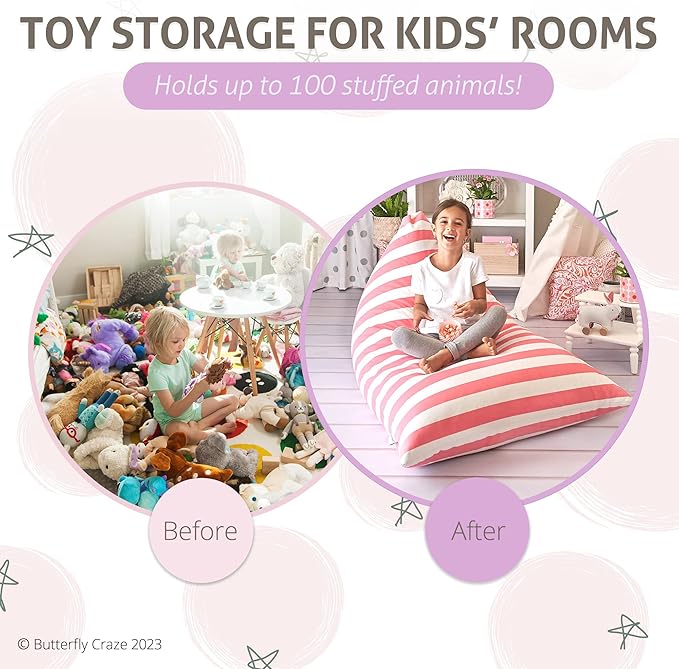 Butterfly Craze Bean Bag Chair Cover, Functional Toddler Toy Organizer, Fill with Stuffed Animals to Create a Jumbo, Comfy Floor Lounger for Boys or Girls, Stuffing Not Included, Light Pink Stripes