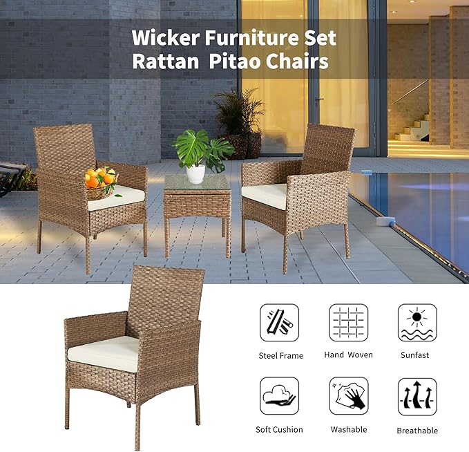 3 Pieces Patio Set Balcony Furniture Sets for Apartments.Bistro Furniture Set, Conversation Sets with Coffee Table, for Porch, Patio, Garden and Removable Cushions Beige
