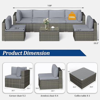 SUNVIVI OUTDOOR 7 Piece Patio Furniture Sets All Weather Gery PE Wicker Couch Sofa with Glass Table, Removable Grey Cushions