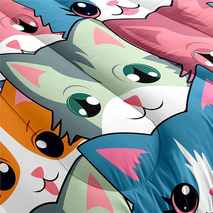 Cat Comforter Set for Girls - Balck Neon Cartoon Cats Bedding Set for Girls Bedroom Ultra Soft Cats Queen Size Comforter Set for All-Season with 1 Comforter and 2 Pillowcases Girls Room Decor