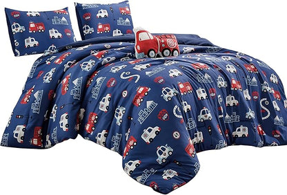 for Kids Fire Turck 4-Piece Comforter Set - Beautiful Motif Design Bedding Set with Embrodery Print