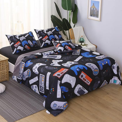 6Pcs Game Console Comforter Set with Sheets for Boys Girls Kids Teens, Gamepad Collection Themed Bed in A Bag Twin Size, 3D Video Gamer Controller Bedroom Decor Bedding Set