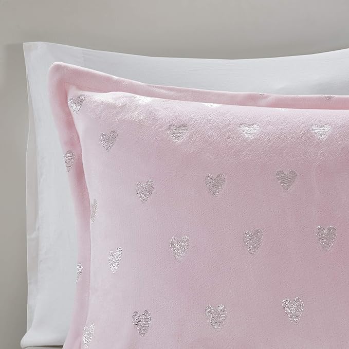 Mi Zone Rosalie Comforter Set for Girls, Ultra-Soft Microlight Plush Metallic Printed Hearts Brushed Reverse Overfilled Down Alternative Hypoallergenic All Season, Twin/Twin XL, Pink/Silver, 3 Piece