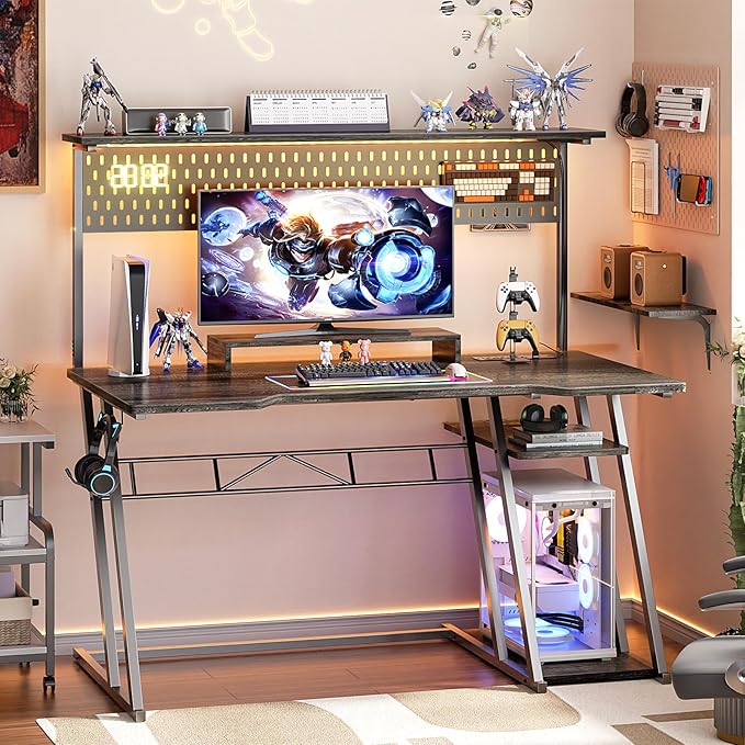 armocity Gaming Computer Desk with Storage Shelves & Z-Shaped Legs, Gaming Desk with Hutch and LED Lights, Reversible PC Gaming Desk with Pegboard for Bedroom & Small Spaces, 47'', Grey Oak