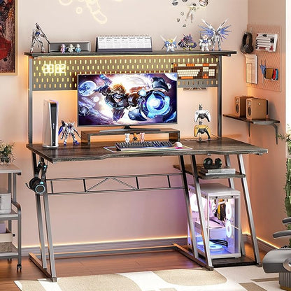 armocity Gaming Computer Desk with Storage Shelves & Z-Shaped Legs, Gaming Desk with Hutch and LED Lights, Reversible PC Gaming Desk with Pegboard for Bedroom & Small Spaces, 47'', Grey Oak
