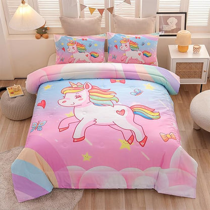 Aimuan Girls Unicorn Comforter Set 3 Pieces Pink Purple Bedding Set with Rainbow Star Galaxy Stars Fantasy Children Room Decor Soft Reversible Bed Sets for Boys/Girls/Teens (Pink Blue Twin3Pcs)