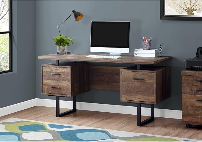 Monarch Specialties Computer Desk with Drawers - Contemporary Style - Home & Office Computer Desk with Metal Legs - 60"L (Brown Reclaimed Wood Look)