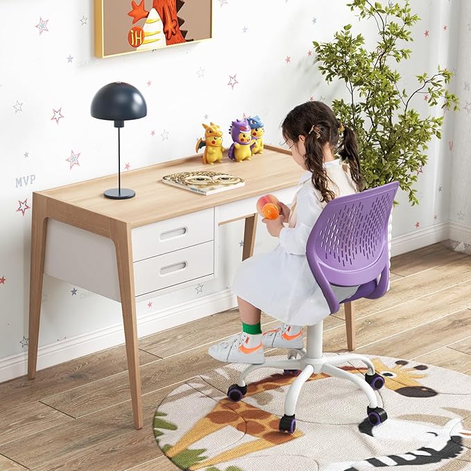 Kids Desk Chair, Purple Ergonomic Kids Office Chair Ages8-12 w/Lumbar Support, Low-Back Teen Desk Chair for Girls Boys, Small Cute Kids Computer Chair for Bedroom/Study/Vanity Desk
