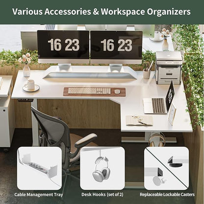 FEZIBO 75 Inches, Supports over 300mlbs,L Shaped Standing Desk Reversible, Electric Height Adjustable Corner Stand up Desk, Sit Stand Desk Computer Workstation, White Frame/White Top
