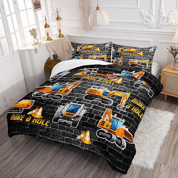 Axolotl Excavator Bedding Set Twin Size,Yellow Excavator Bed Comforter for Kids Boys Teens,Tractor Truck Bedding Set for Boys,Construction Bedding Set for Boys,1 Quilt 2 Pillowcases,Deep Grey