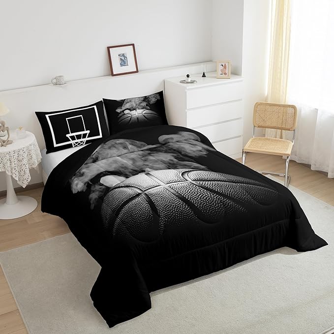 Erosebridal Basketball Comforter Set for Boys Teen King Size Sports Basketball Bedding Set Basketball Room Decor Reversible Black Down Comforter Grey Hippie Smoke Quilt Duvet Insert 2 Pillow Case